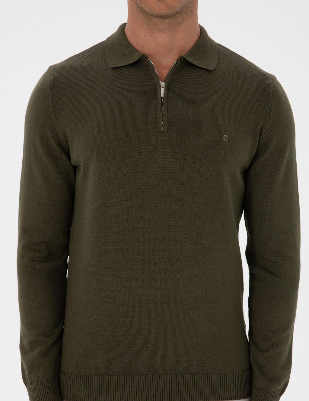 Koyu Haki Slim Fit Polo Yaka Fermuarl_ Basic Triko Kazak