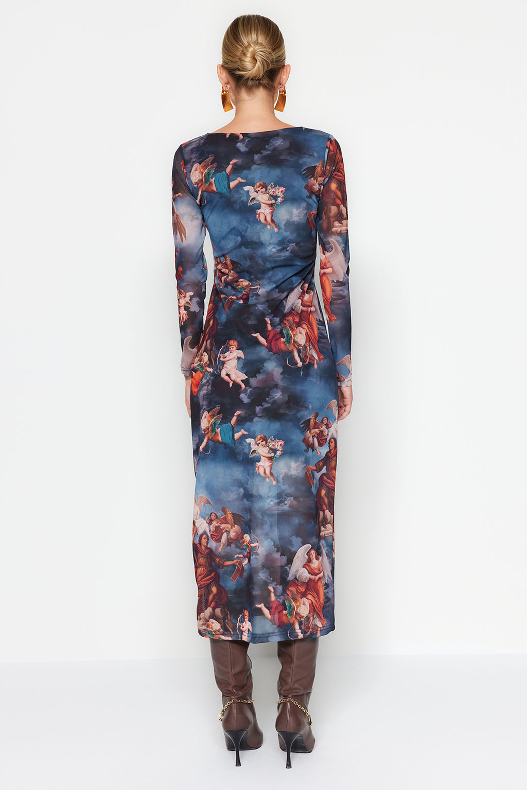 TRENDYOLMILLA Cok Renkli Bisiklet Yaka Bask?l? Astarl? Vucuda Oturan Tul Midi Orme Orme Elbise TWOAW24EL00605 фото 11