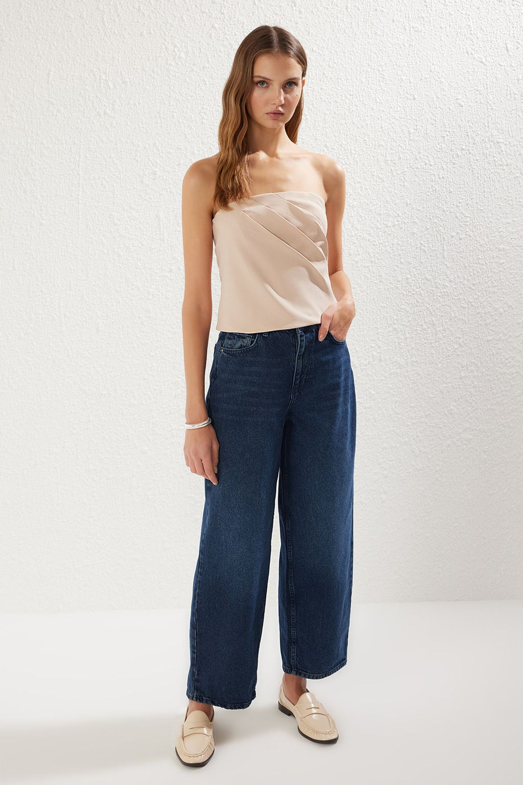 Trendyolmilla Bej Drapeli Straplez Dokuma Bluz TWOSS25BZ00103  фото 5