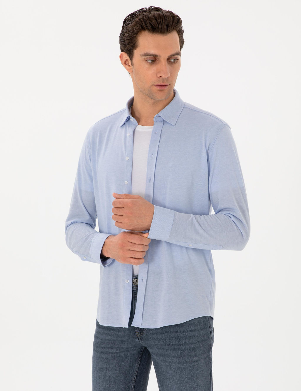 A__k Mavi Slim Fit Uzun Kollu G_mlek