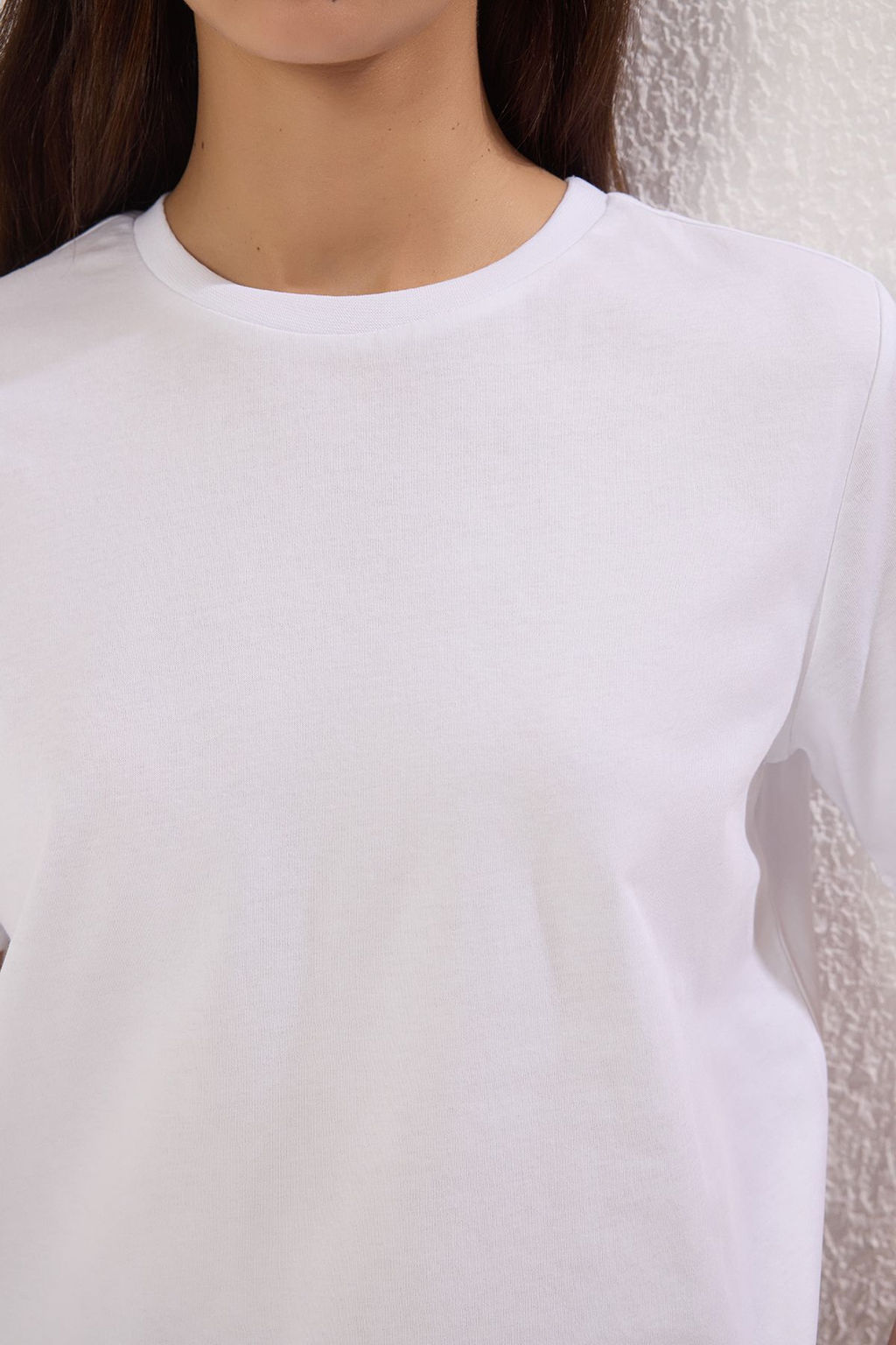 Beyaz-Beyaz Basic %100 Pamuk Bisiklet Yaka 2li Paket Orme T-Shirt TWOSS20TS0141