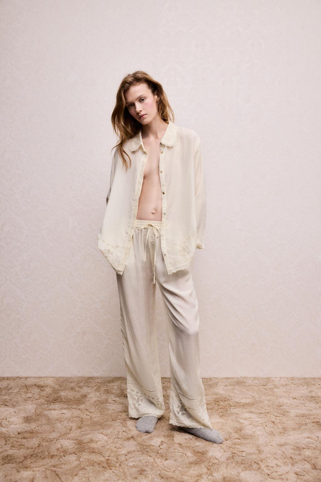 TROUSERS WITH LACE TRIM, BEADING AND EMBROIDERY
