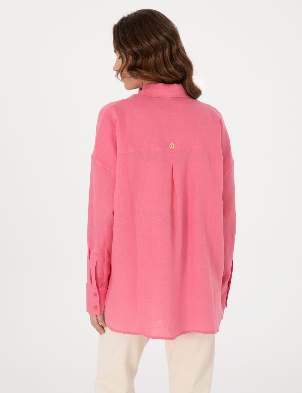 Pembe Oversize Uzun Kollu %100 Keten G_mlek