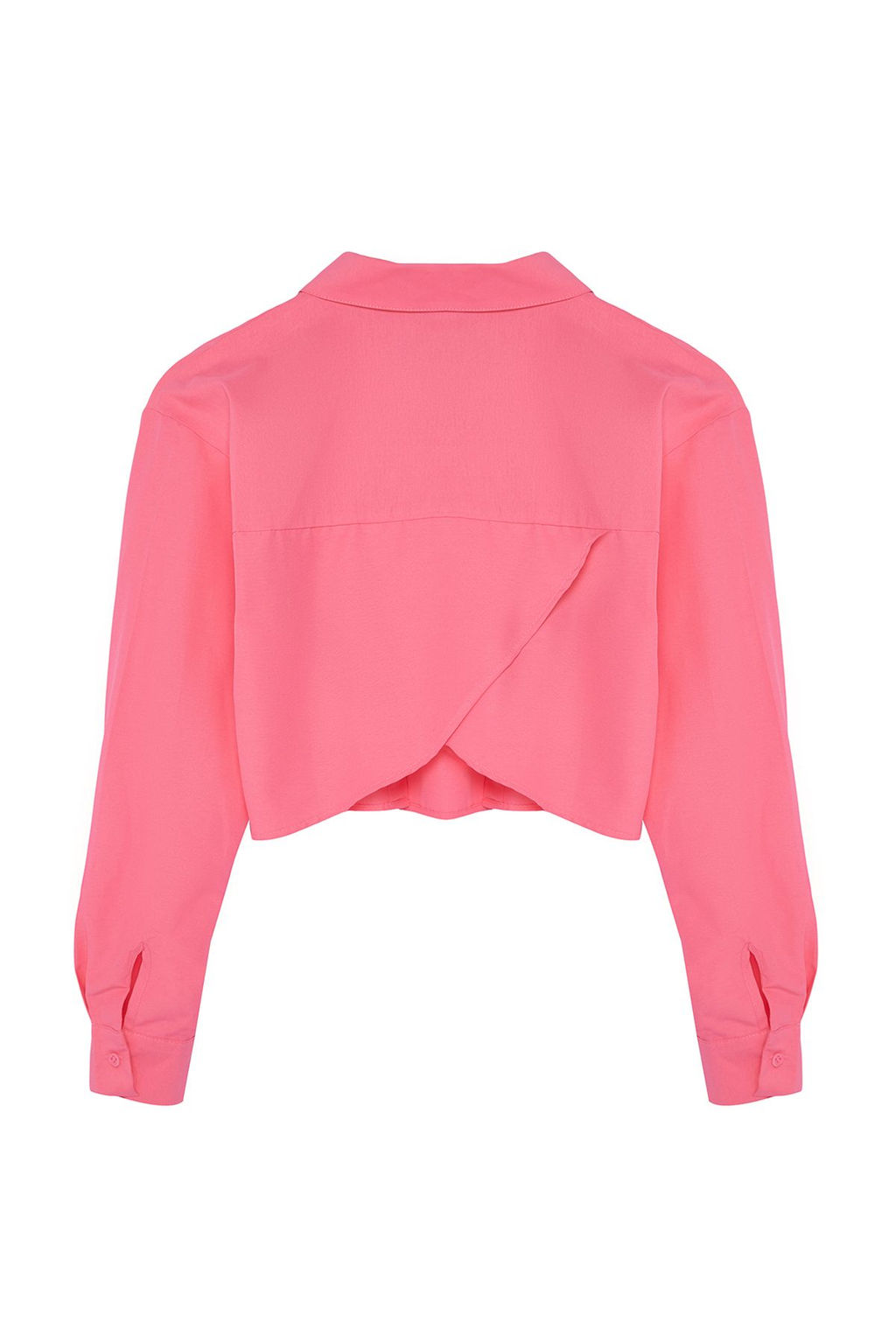 Pembe Crop Dokuma S?rt Dekolteli Keten Gorunumlu Plaj Gomlegi TBESS24GO00012