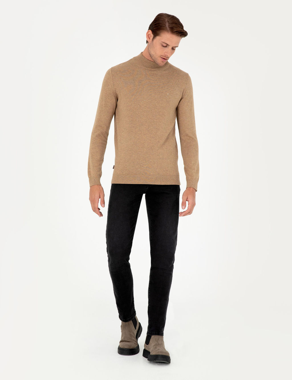 Camel Melanj Slim Fit Yar_m Bal_k__ Yaka Basic Triko Kazak - Pierre cardin фото 4