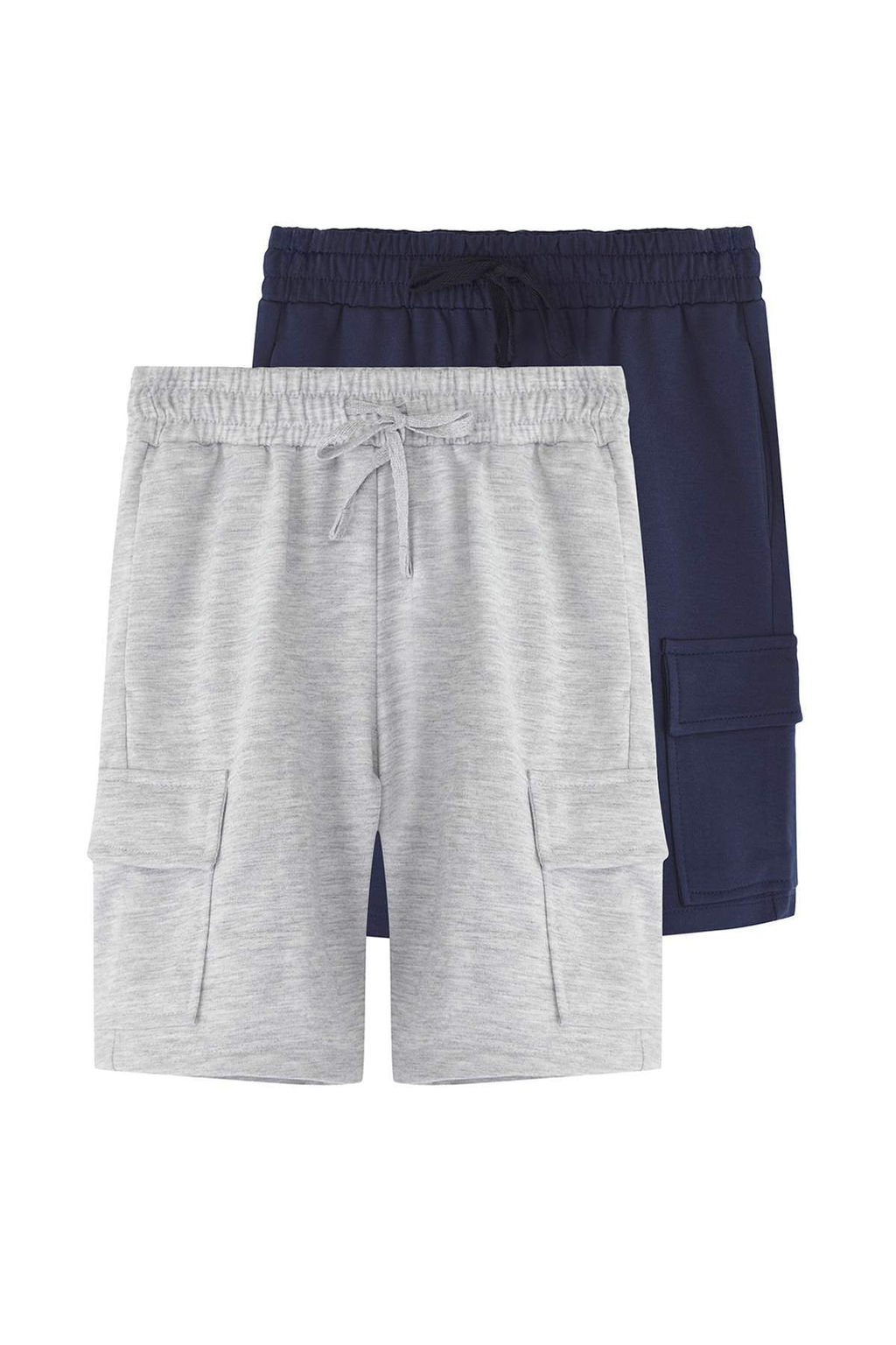 Lacivert-Gri 2li Erkek Cocuk Pamuklu Beli Lastikli Kargo Cepli Orme Sort TKDSS25SR00006 - Trendyolmilla фото 7