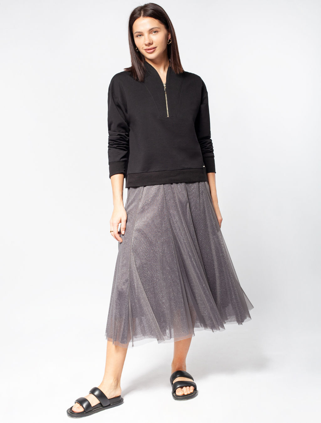 VILATTE / Укороченный джемпер с воротом на молнии из футера-двухнитки  фото 11