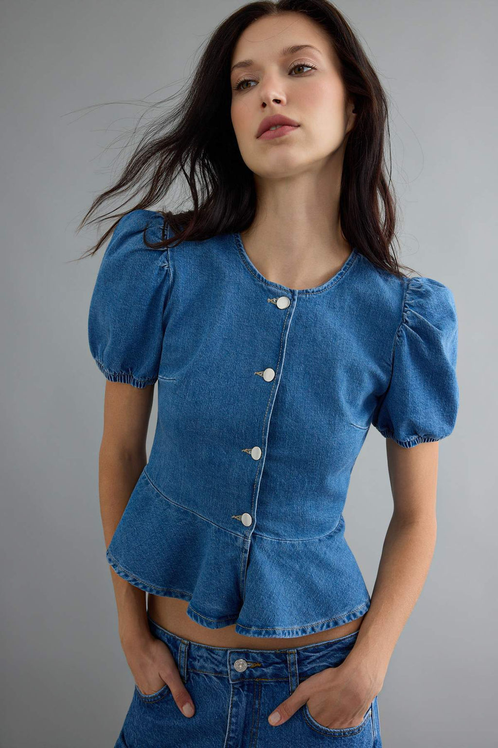 Mavi Balon Kollu D__me Detayl_ Peplum Denim Bluz TWOAW27BZ00037 - Trendyolmilla фото 3