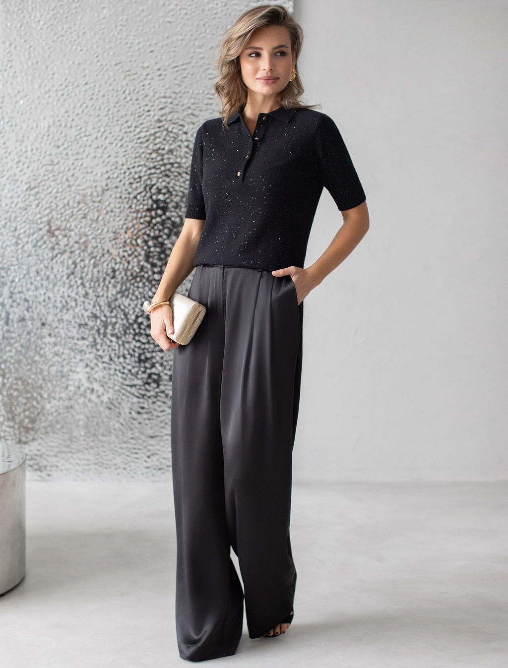 Джемпер поло с застежкой на пуговицы из хлопковой пряжи с пайетками - Vilatte фото 5