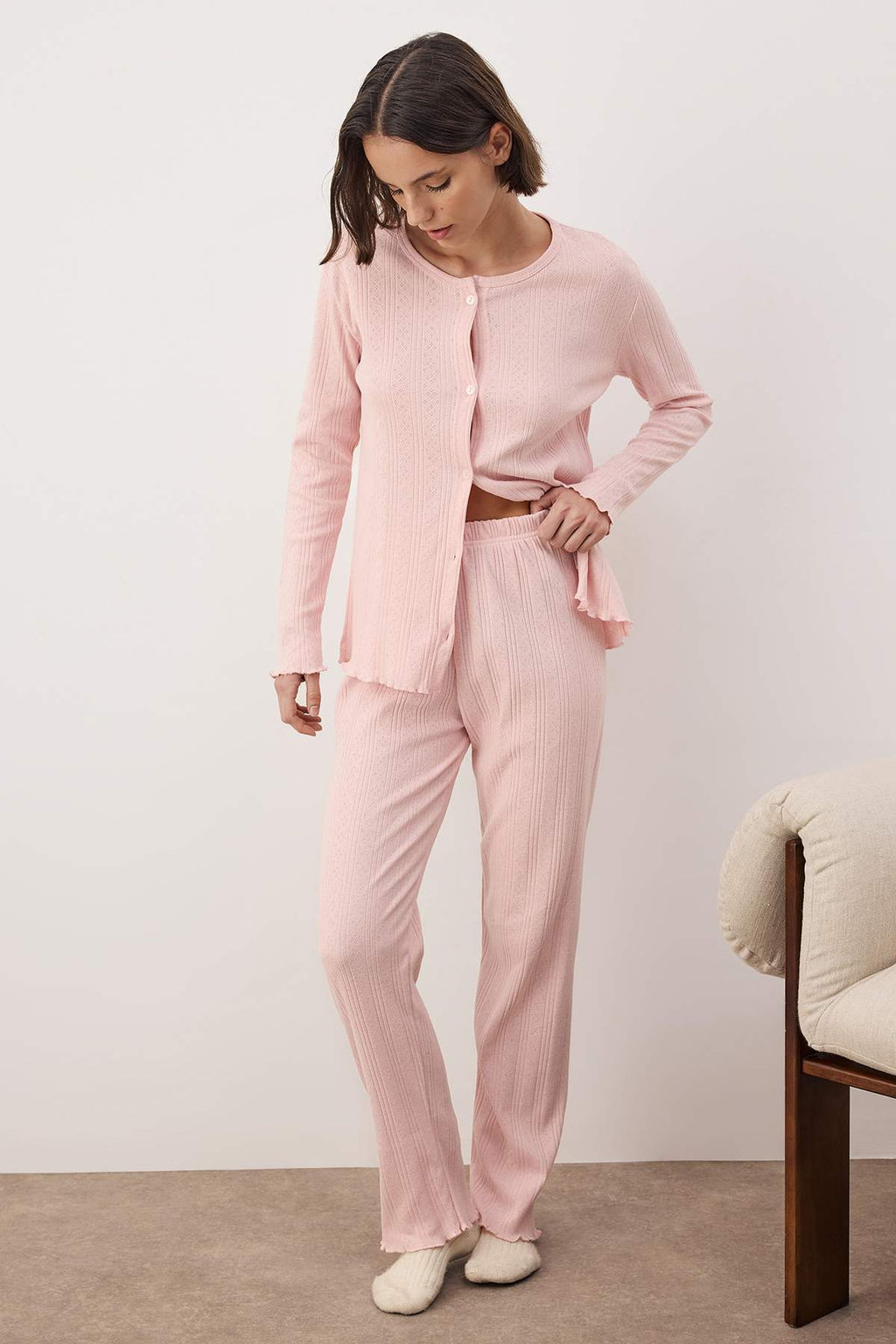 Yesil H?rkal? Pointel/Fitilli Baby Overloklu Orme Pijama Tak?m? THMAW26PT00219 - Trendyolmilla фото 6