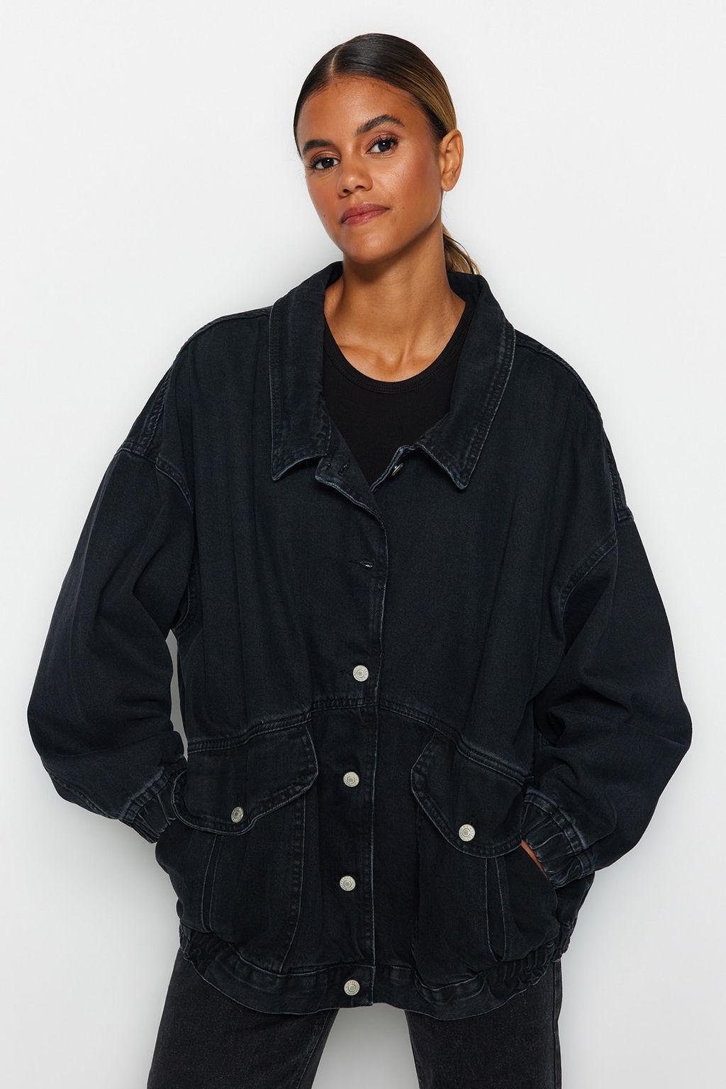 Siyah Cep Detayl? Oversize Denim Ceket TWOSS21CE0289 - Trendyolmilla фото 3