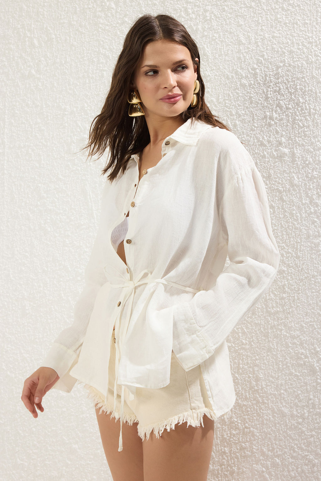 TRENDYOLMILLA Mercan Dokuma %100 Keten Baglamal? Plaj Gomlek TBESS25GO00015  фото 23