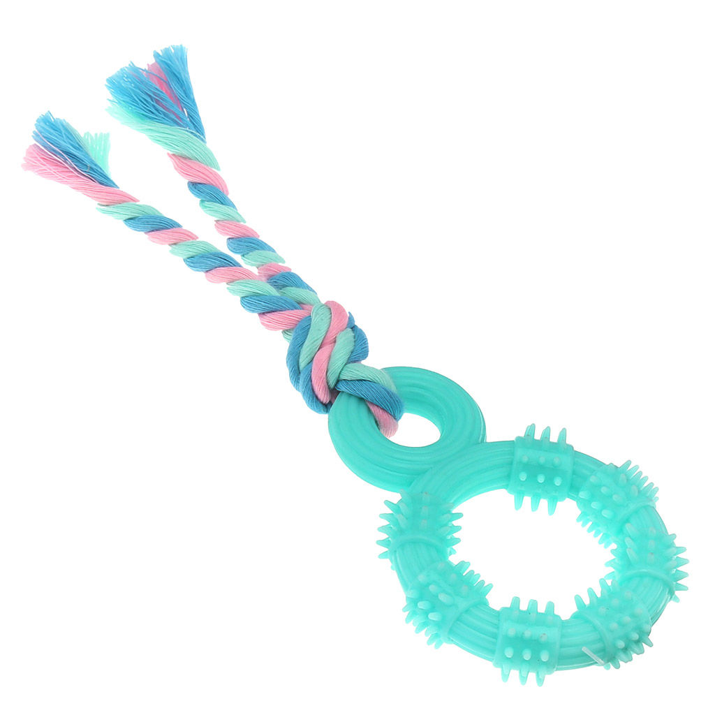 Пэт тойс (Pet toys) Игрушка для собаки Кольцо с шипами 10х7см h2см, общий размер 22х7х2см, резиновая, с веревкой, на картоне, цвета в ассортименте: голубой, розовый, бирюзовый (Китай)  фото 3