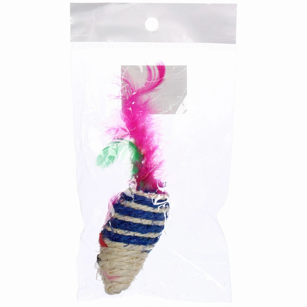 Цена за 6 шт. Игрушка - мышка для кошек "ЦЕПКИЕ ЛАПКИ", канатная с пёрышками, микс 3 цвета, 7*3,5см (пакет с хедером)