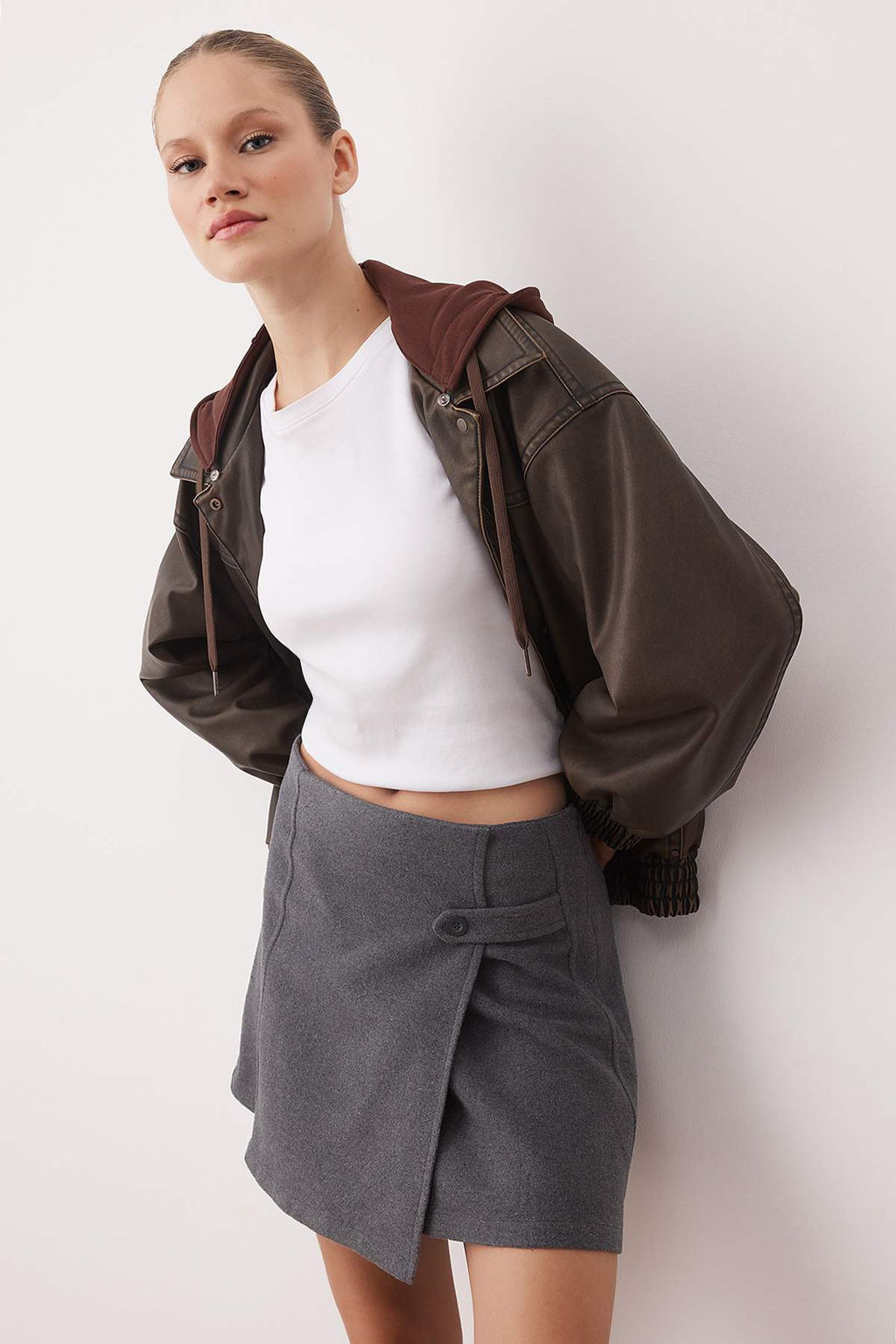 Antrasit Dokuma Kase Mini Etek TWOAW26ET00123 - Trendyolmilla фото 3