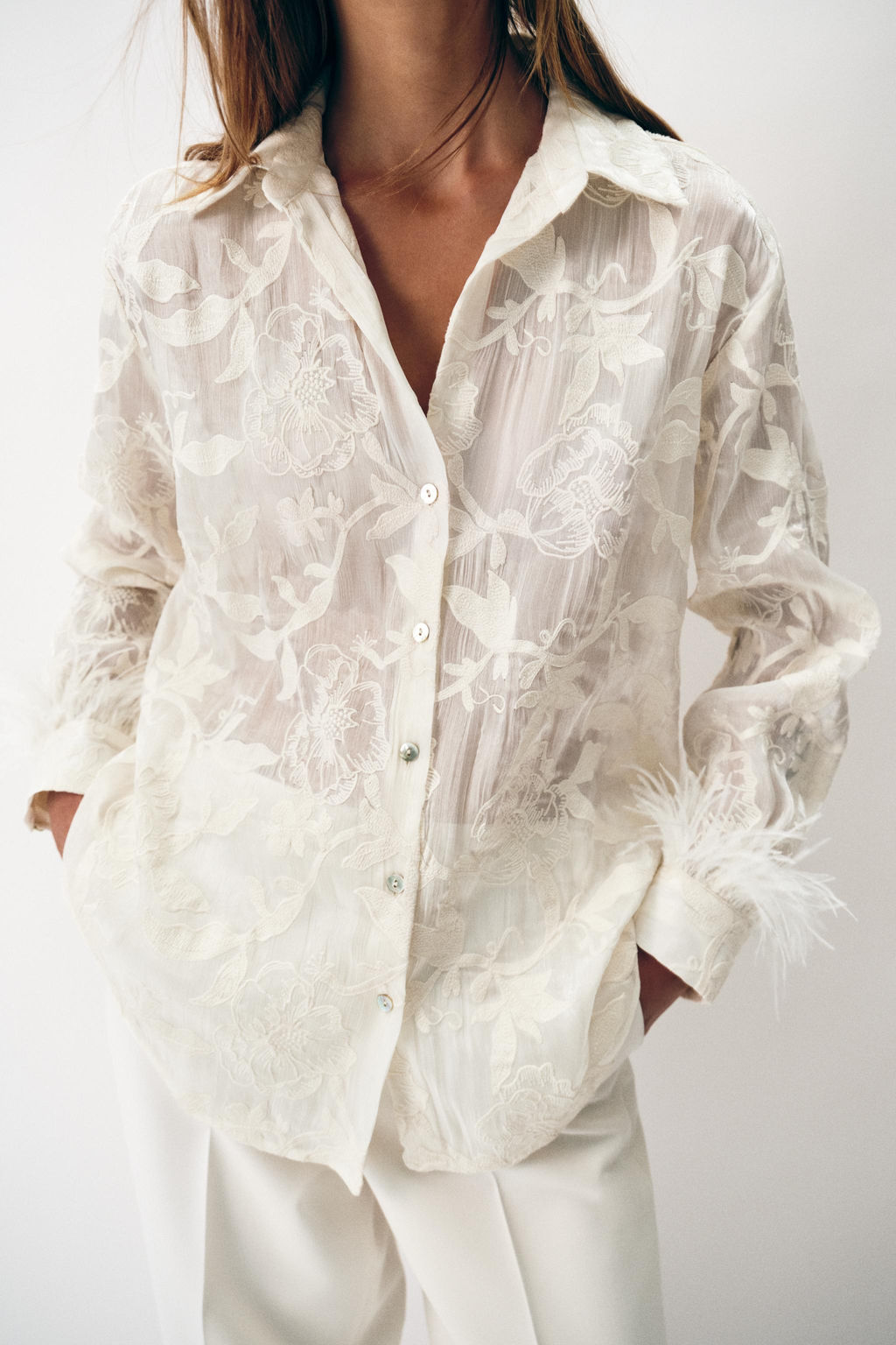 CAMISA BORDADAS PLUMAS / Crudo - Zara фото 3