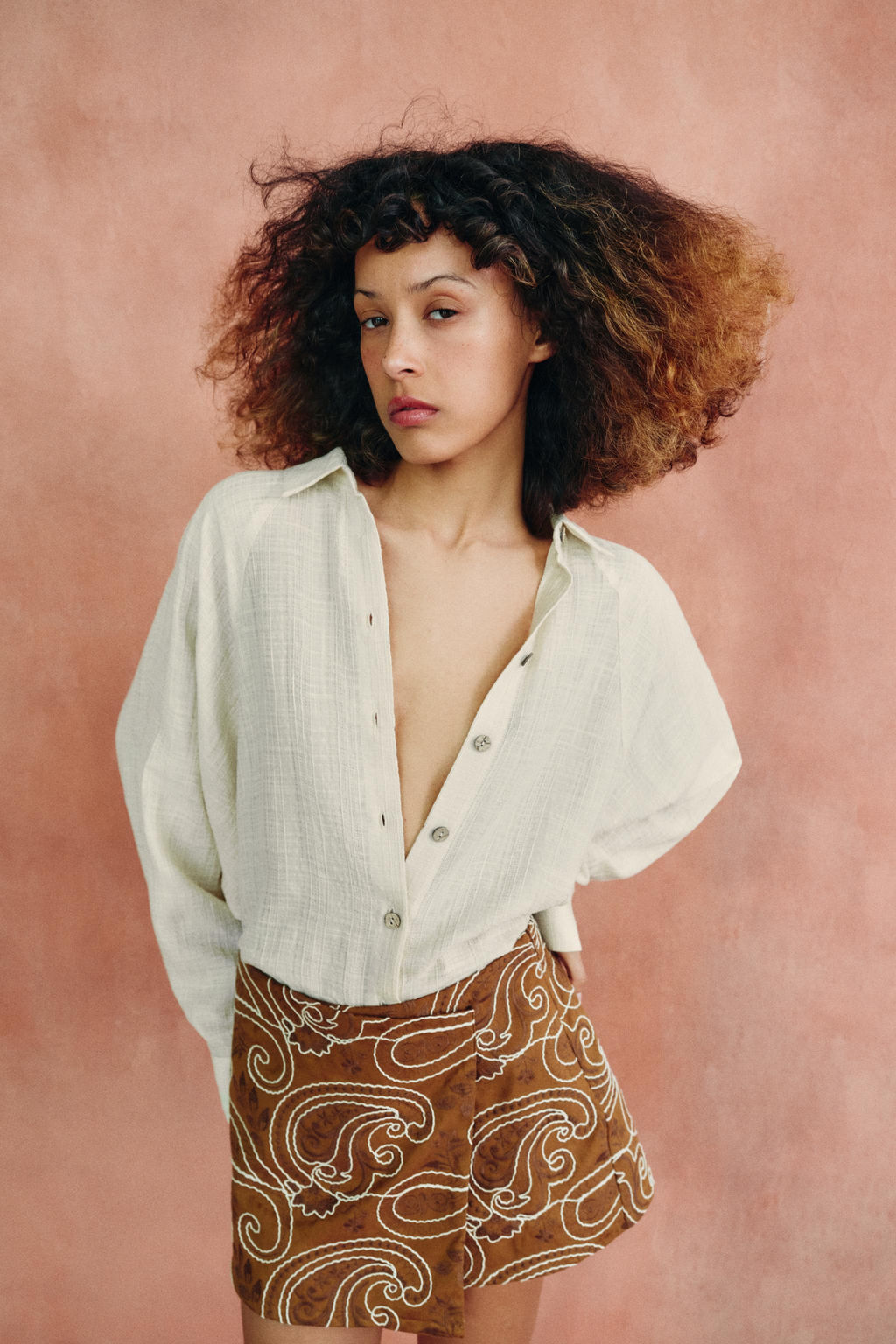 FALDA PANTAL?N BORDADOS EFECTO ANTE / Camel medio - Zara фото 5