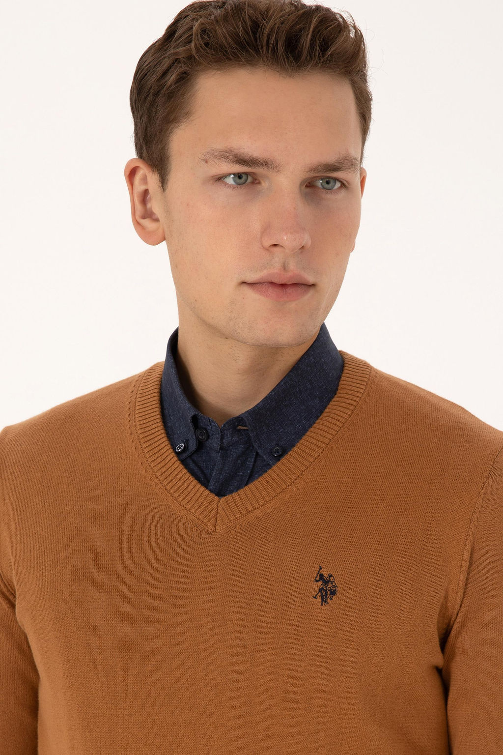 Erkek Slim Fit V Yaka Camel Basic Triko Kazak - U.s. polo assn фото 2