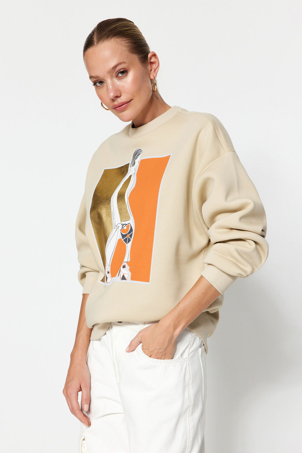 Tas Varak Bask?l? Kal?n Ici Polarl? Bisiklet Yaka Oversize Orme Sweatshirt TWOAW24SW00132 - Trendyolmilla фото 2
