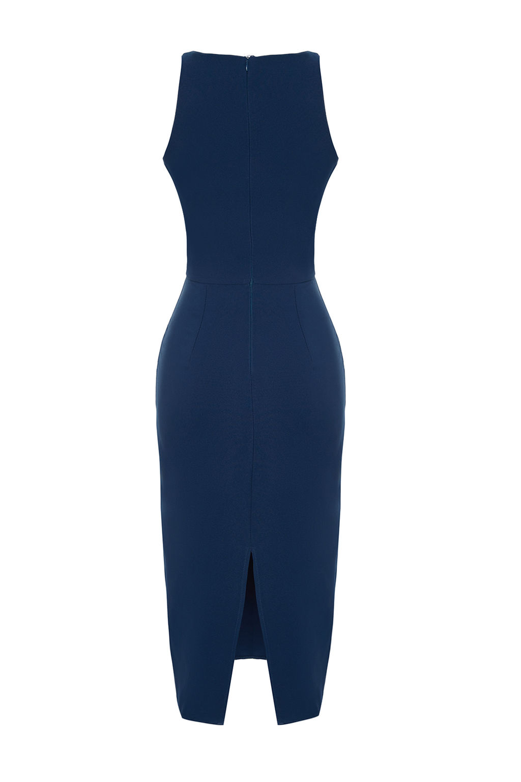 Petrol Vucuda Oturan Yakas? Aksesuar Detayl? Midi Kalem Etek Dokuma Elbise TWOSS23EL02115