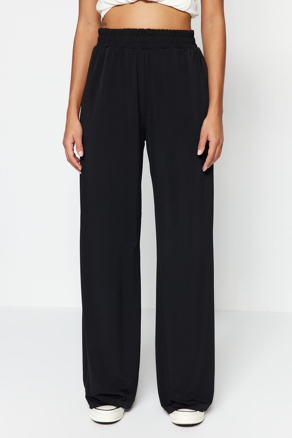 Siyah Wide Leg/Rahat Kesim Yuksek Bel Esnek Orme Pantolon TWOSS23PL00129