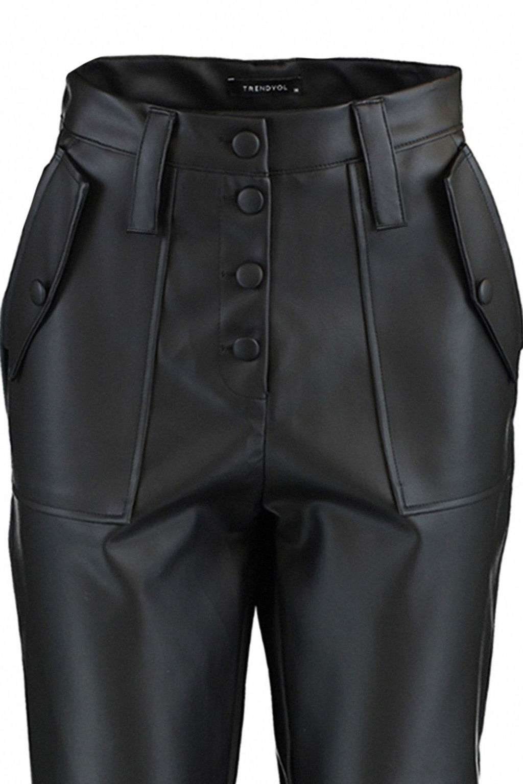 Limited Edition Siyah Havuc Dokuma Onden Dugmeli Suni Deri Pantolon TWOAW22PL0083