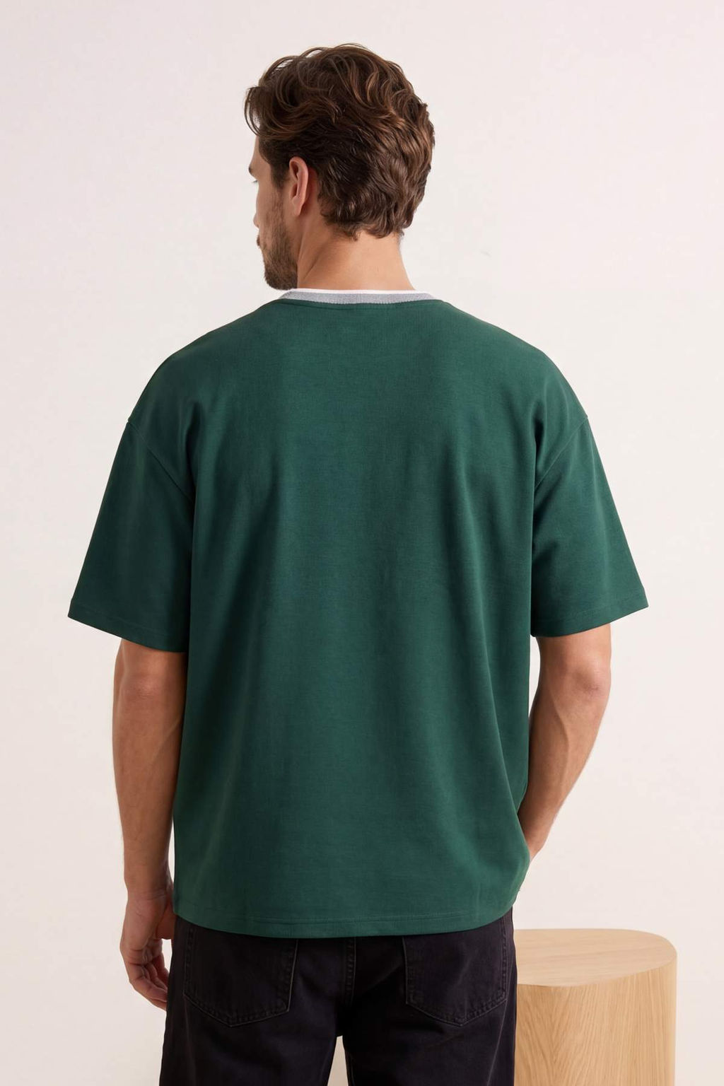 Haki Oversize/Genis Kesim Triko Bantl? Dokulu Pike T-Shirt TMNSS23TS00079