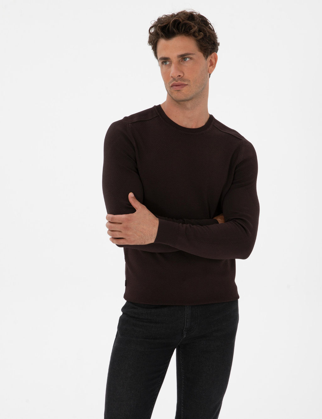 Koyu Kahverengi Slim Fit Bisiklet Yaka Triko Kazak