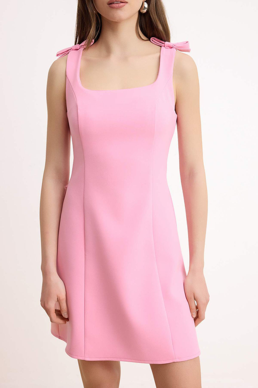 Ac?k Pembe Duz A Kesim Fiyonklu K?sa / Mini Dokuma Elbise TWOSS25EL00267