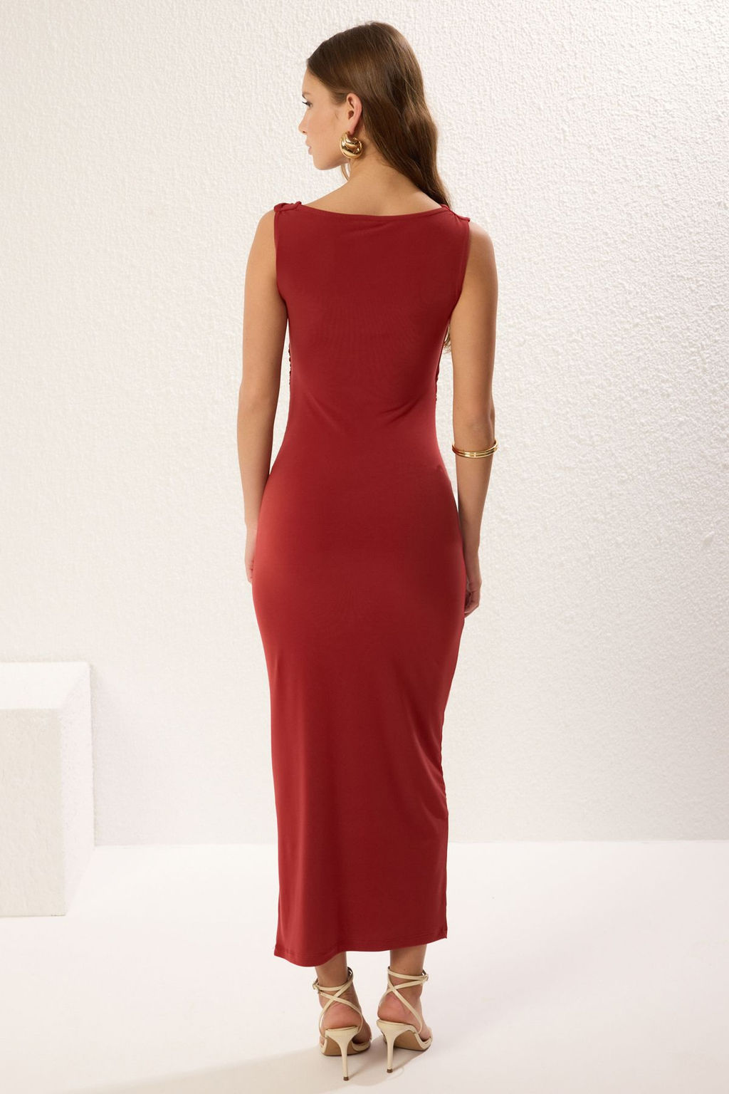 Bordo Duz Buzgu / Drape Maxi Fitted Buzgu Drape Detayl? Esnek Orme Elbise TWOSS25EL00109