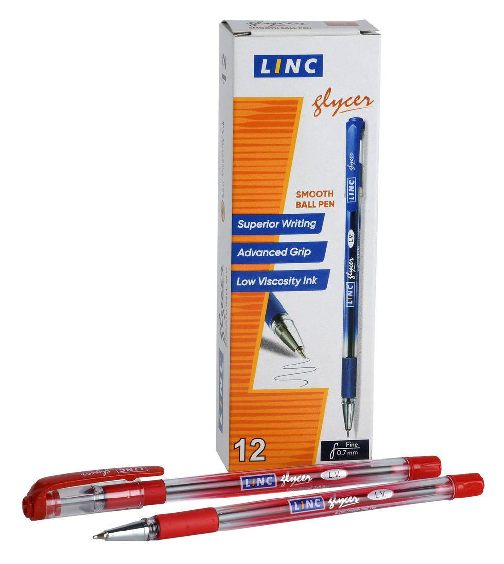Цена за 2 шт. Ручка шариковая Linc Glycer красная 0,7 мм, прозрачный круглый корпус, грип, игольчатый на...