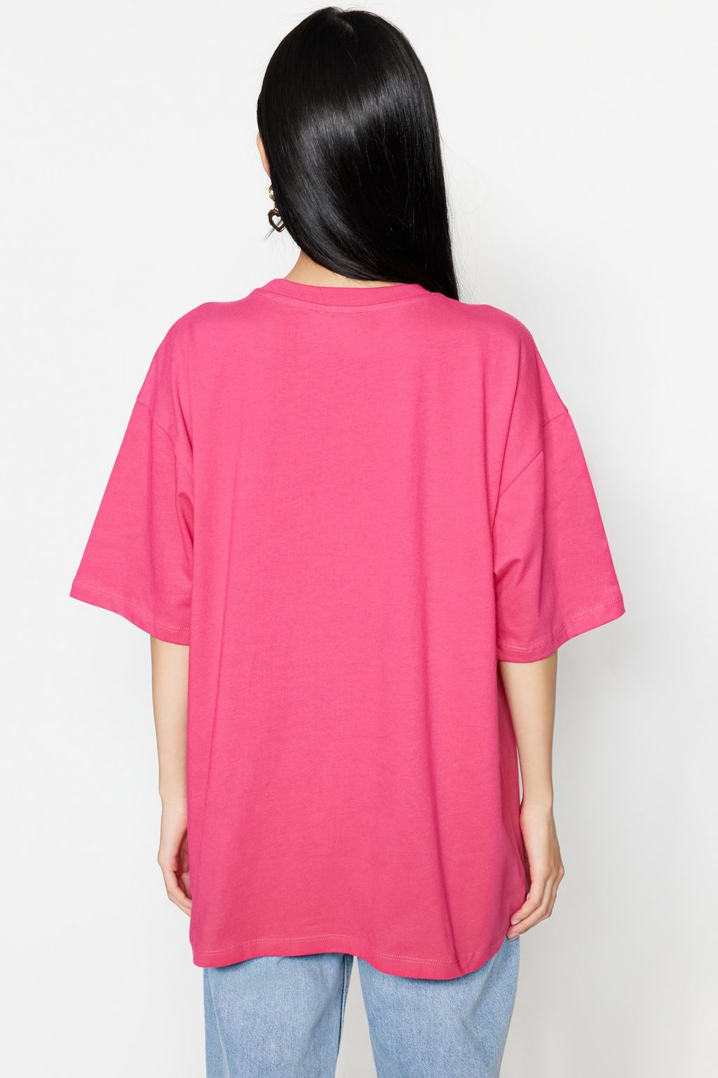 Fusya%100 Kal?n Pamuklu Premium Oversize/Genis Kal?p Bisiklet Yaka Orme T-Shirt TWOSS23TS00040