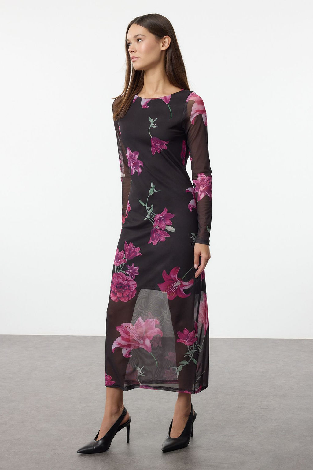 TRENDYOLMILLA Cok Renkli Bisiklet Yaka Bask?l? Astarl? Vucuda Oturan Tul Midi Orme Orme Elbise TWOAW24EL00605 фото 16