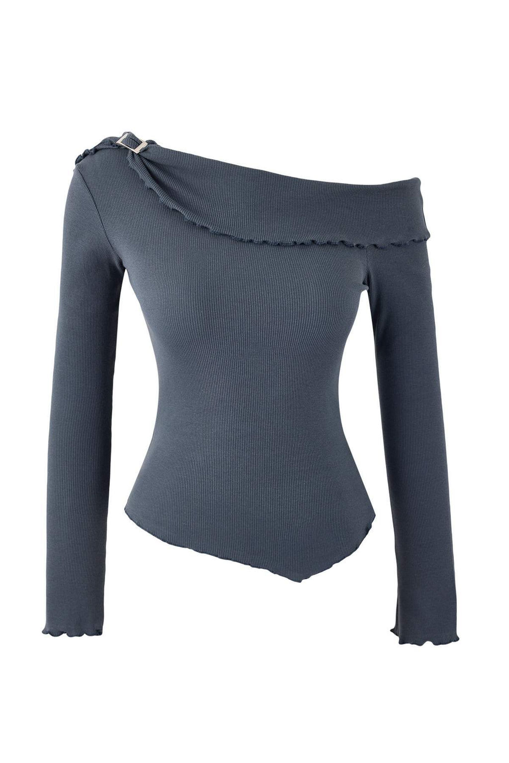 Antrasit Fitted/Vucuda Oturan Asimetrik Yaka Aksesuar Detayl? Fitilli Esnek Orme Bluz TWOSS26BZ00072