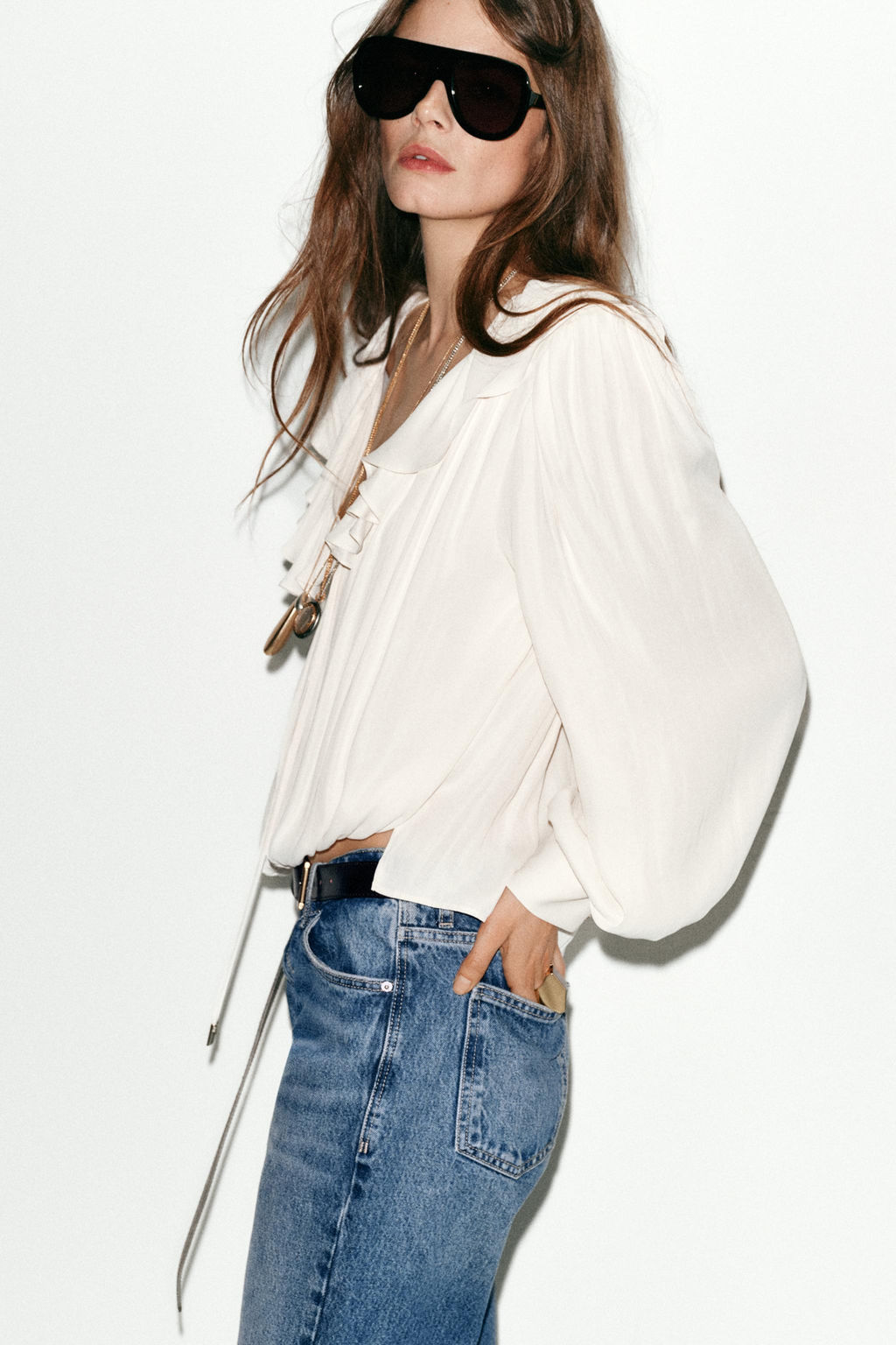SATIN BLOUSE WITH RUFFLES AND SHOULDER PADS - Zara фото 7