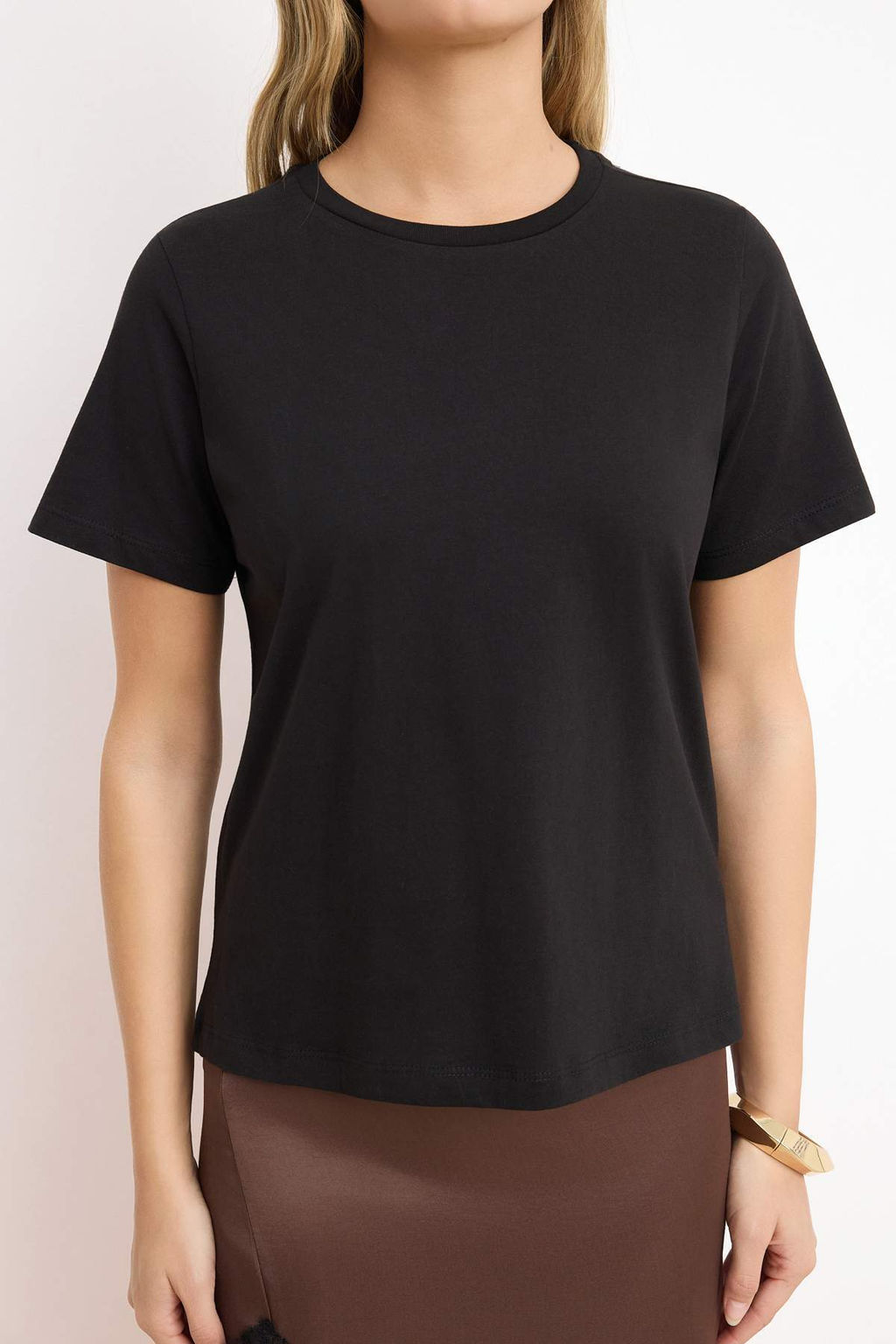 Siyah %100 Pamuk Basic Bisiklet Yaka Orme T-Shirt TWOSS23TS00000