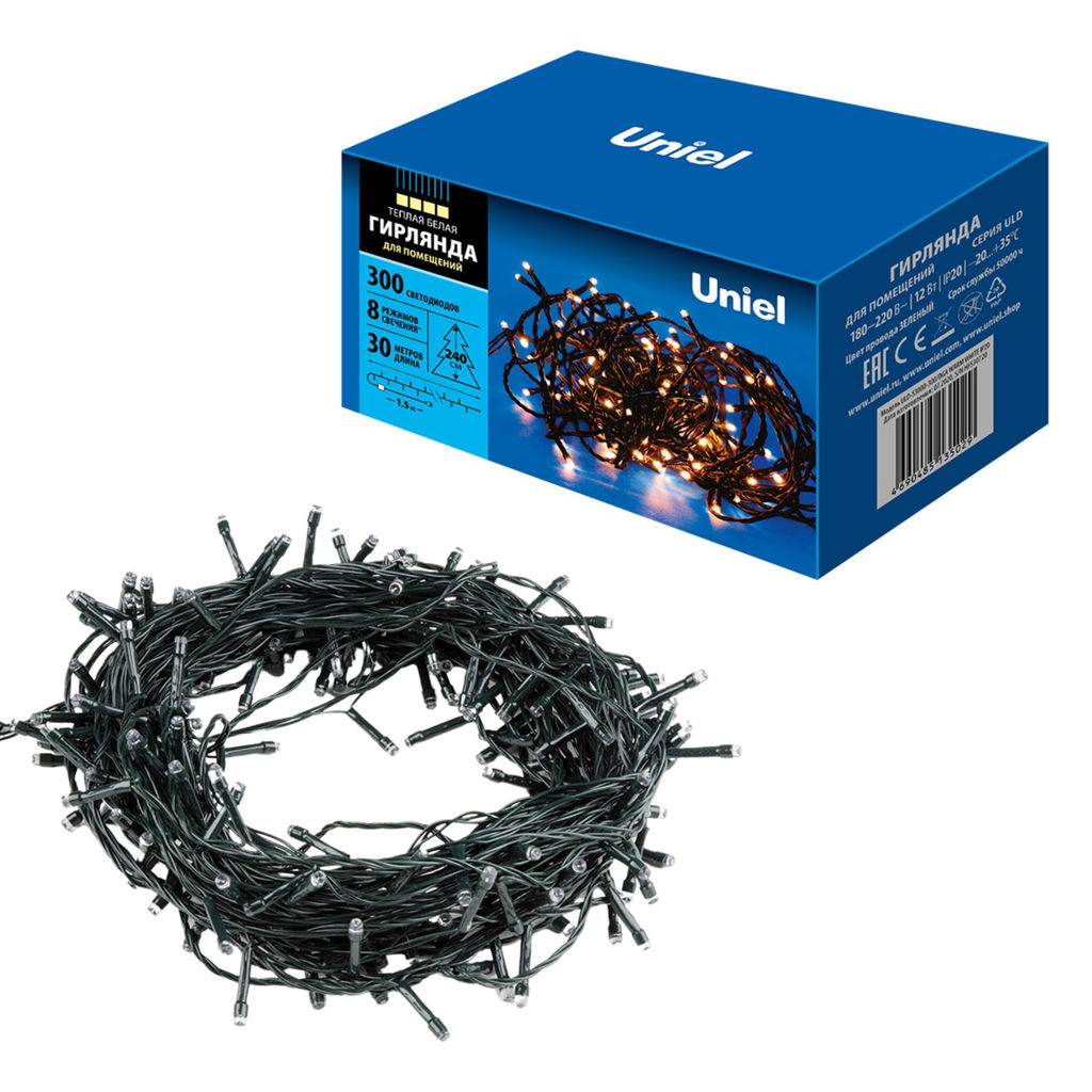ULD-S3000-300/DGA WARM WHITE IP20 Гирлянда светодиодная, 30м. 300 светодиодов. Теплый белый свет. Провод зеленый. ТМ Uniel - Volpe фото 11