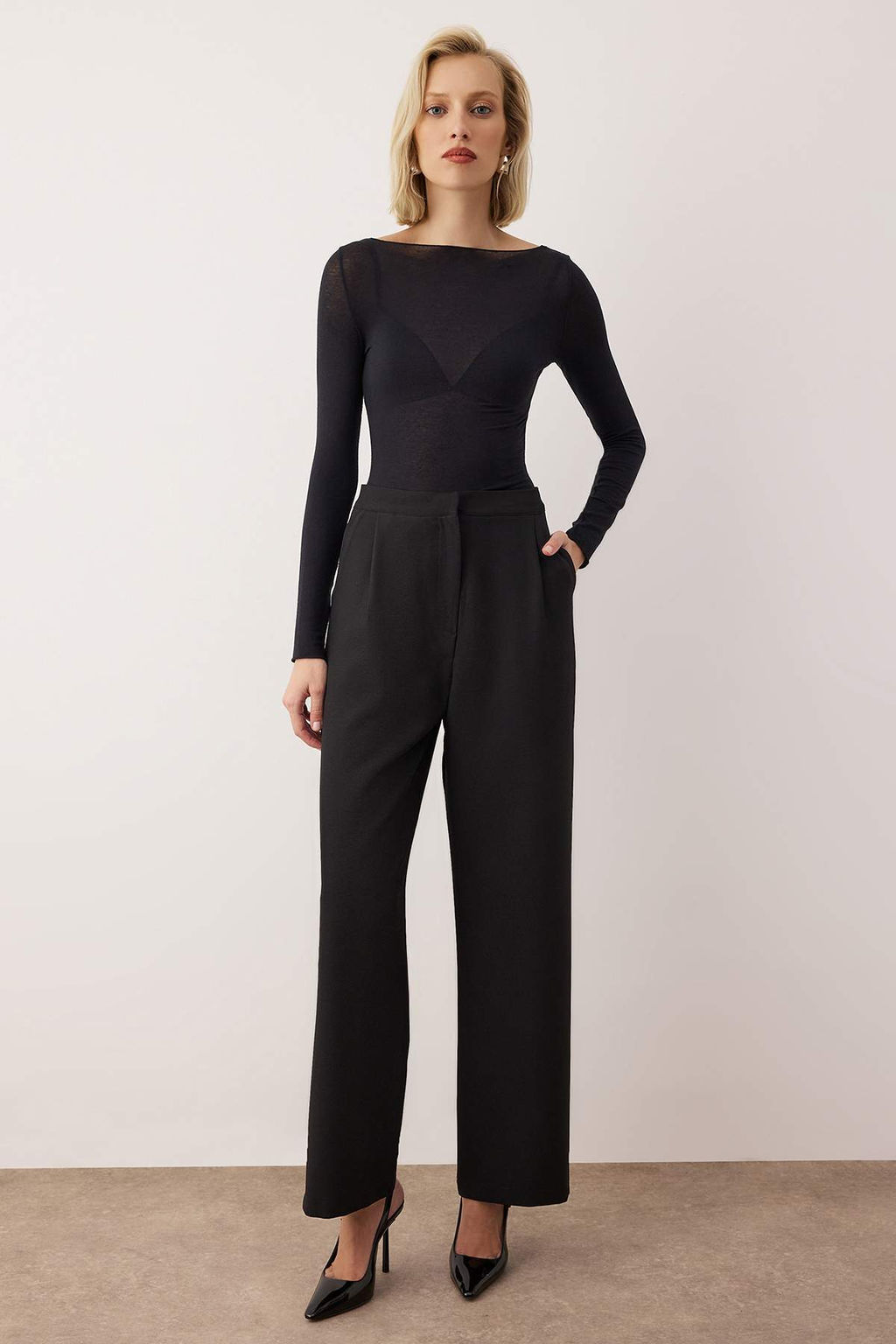 EXCLUSIVE Ozel Koleksiyon Siyah Pilili Wide Leg/Genis Paca Pantolon TWOAW26PL00121 - Trendyolmilla фото 2