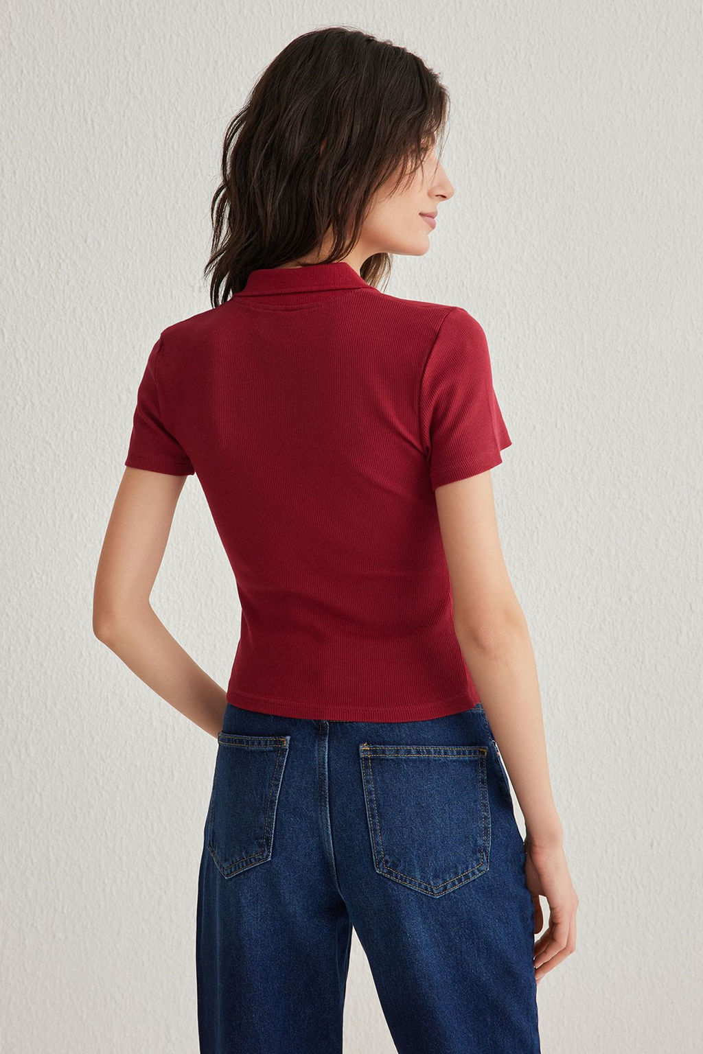 Ekru Fitted/Vucuda Oturan Polo Yaka Esnek Orme Bluz TWOSS25BZ00039 - Trendyolmilla фото 15