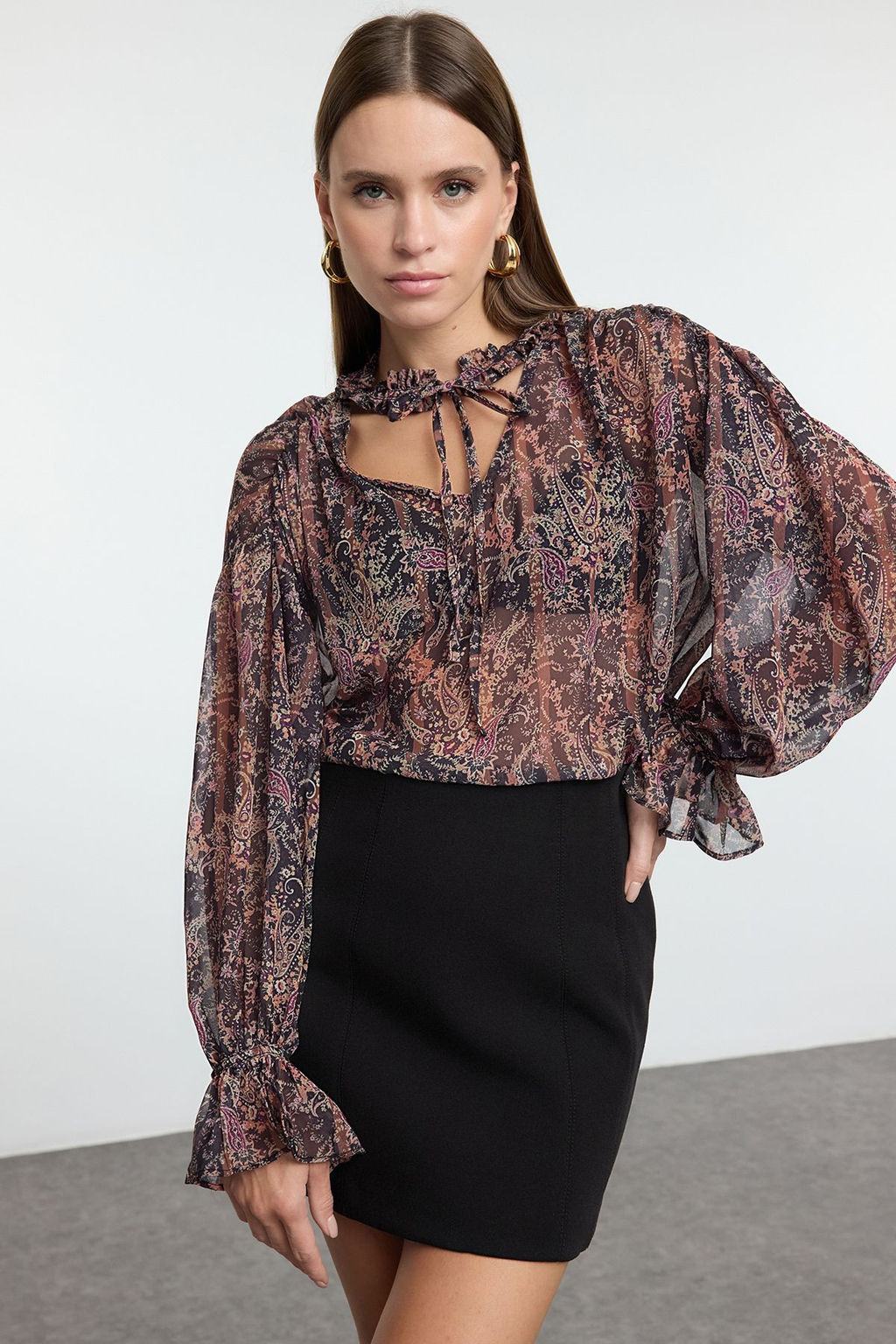 Cok Renkli Sifon Cicekli Boho Transparan Dokuma Bluz TWOAW25BZ00290