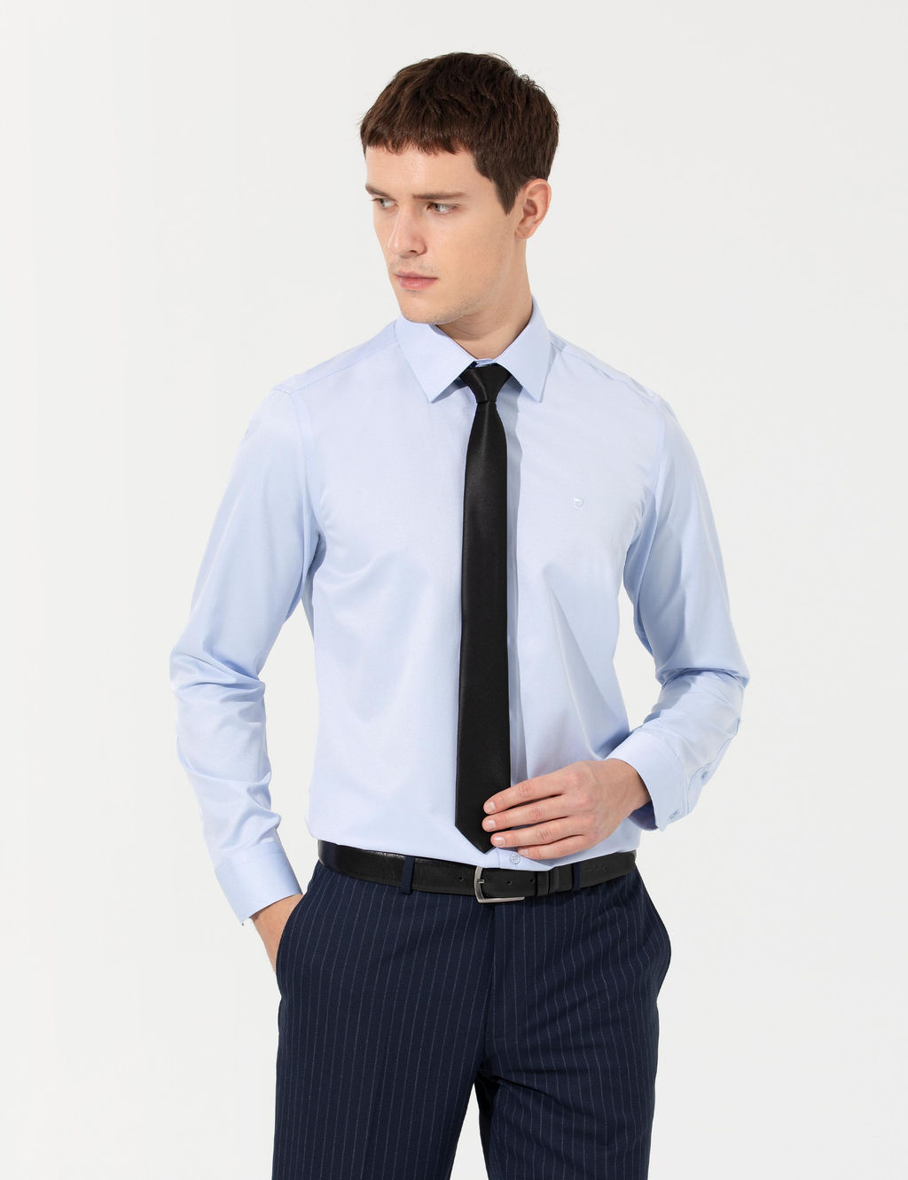 A__k Mavi Slim Fit Uzun Kollu Basic G_mlek