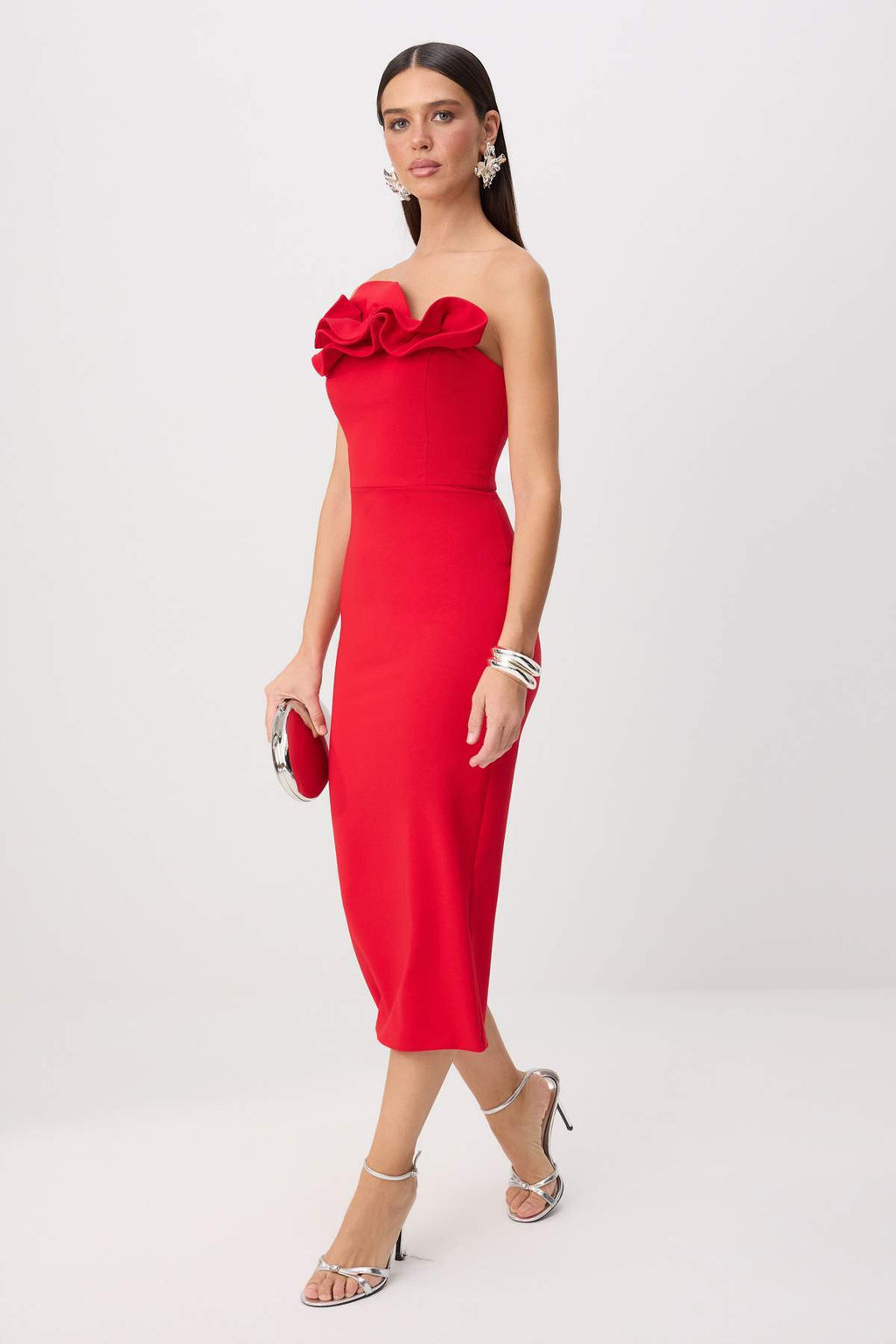 K_rm_z_ 3 Boyutlu Yaka Detayl_ V_cudu Saran Maxi Party Elbise TPRSS26EL00204