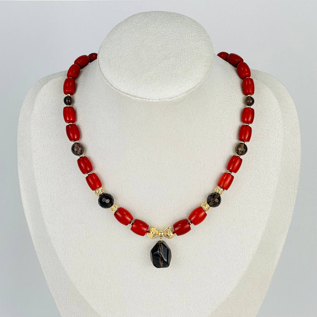 Колье из Коралла и Раухтопаза 40 см +