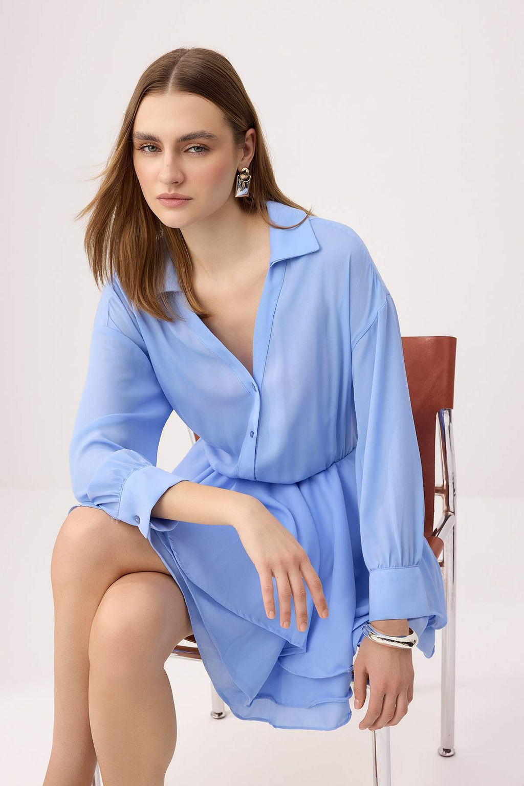 Ac?k Mavi Super Mini Etegi Volan Detayl? Dokuma Sifon Elbise TWOAW26EL00310