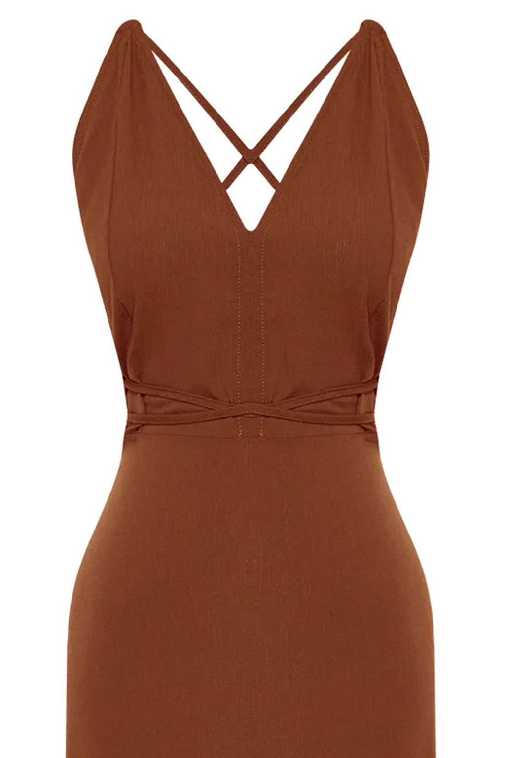 TRENDYOLMILLA Kahverengi Midi Dokuma S?rt Dekolteli Plaj Elbisesi TBESS22EL0727  фото 7