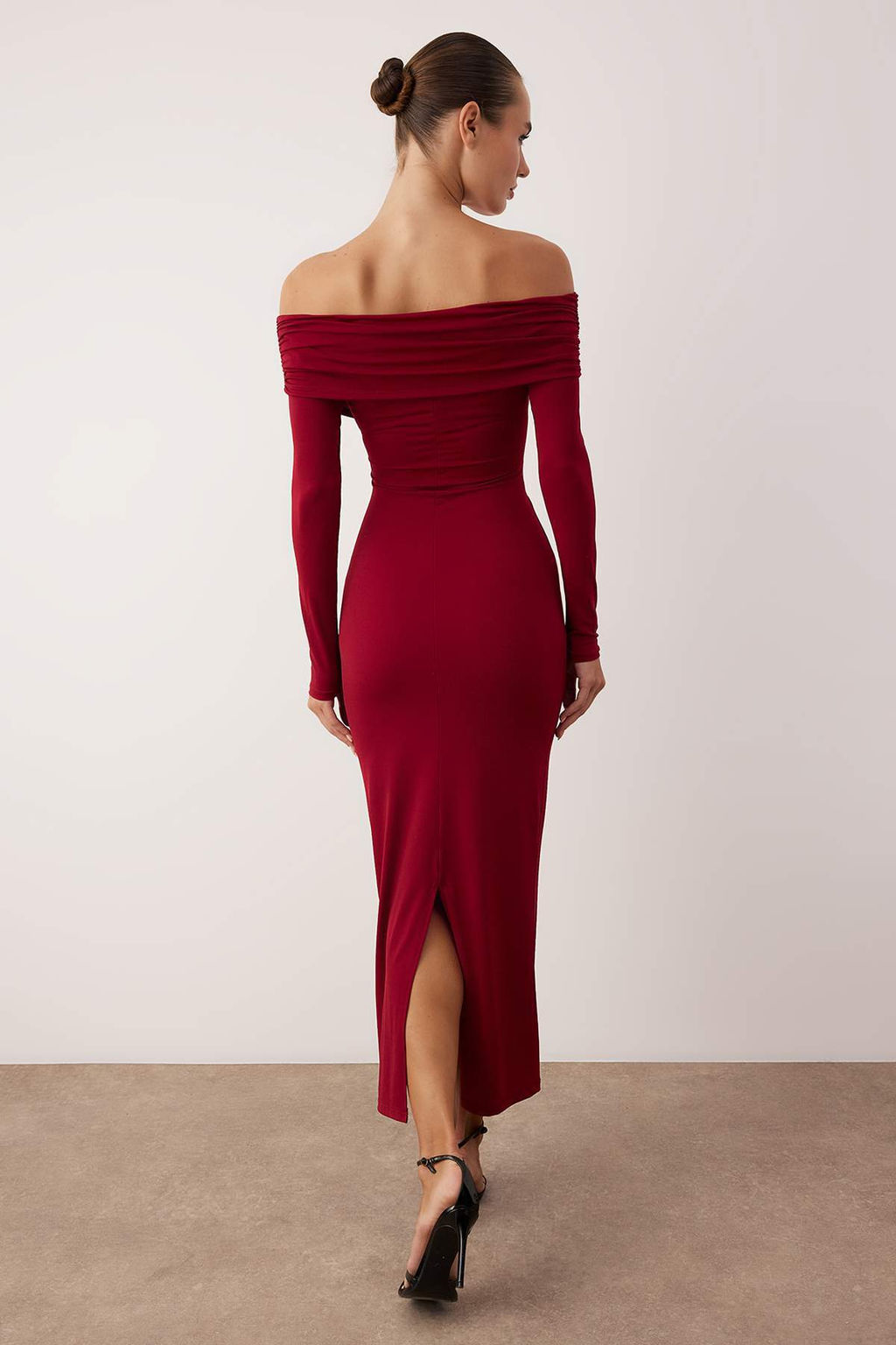 Bordo Yaka Detayl? Orme Midi Astars?z S?k/Gece Elbise TPRAW26EL00038