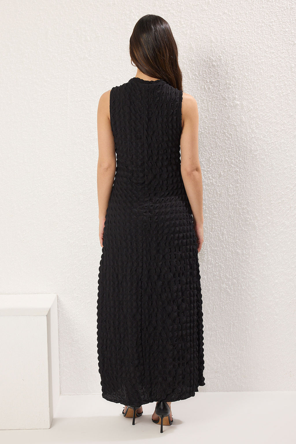 Siyah Duz Dokulu A Kesim/Can Form Bisiklet Yaka Dokulu Maxi Elbise TWOSS24EL00683