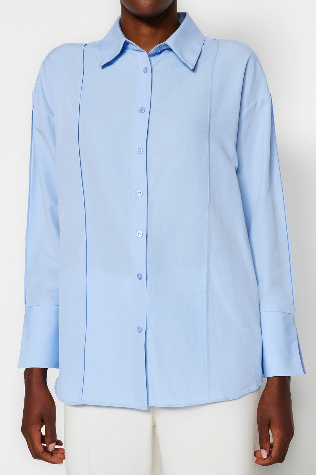 Ac?k Mavi Nervur Detayl? Kollar? Y?rtmacl? Oversize Genis Kesim Dokuma Gomlek TWOAW24GO00152 - Trendyolmilla фото 5