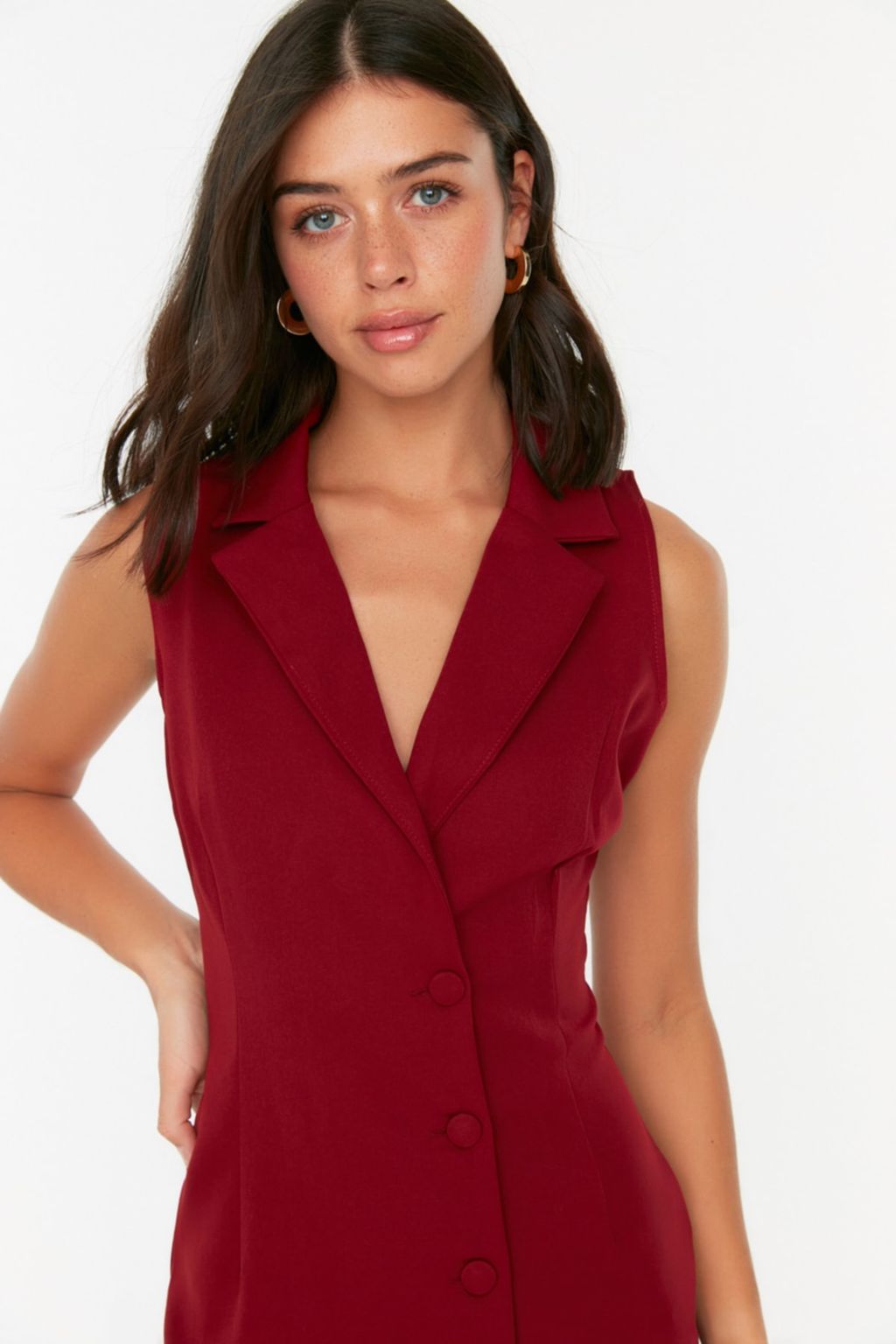 Murdum Dugme Detayl? Kolsuz Dokuma Mini Ceket Elbise TWOSS19AP0280