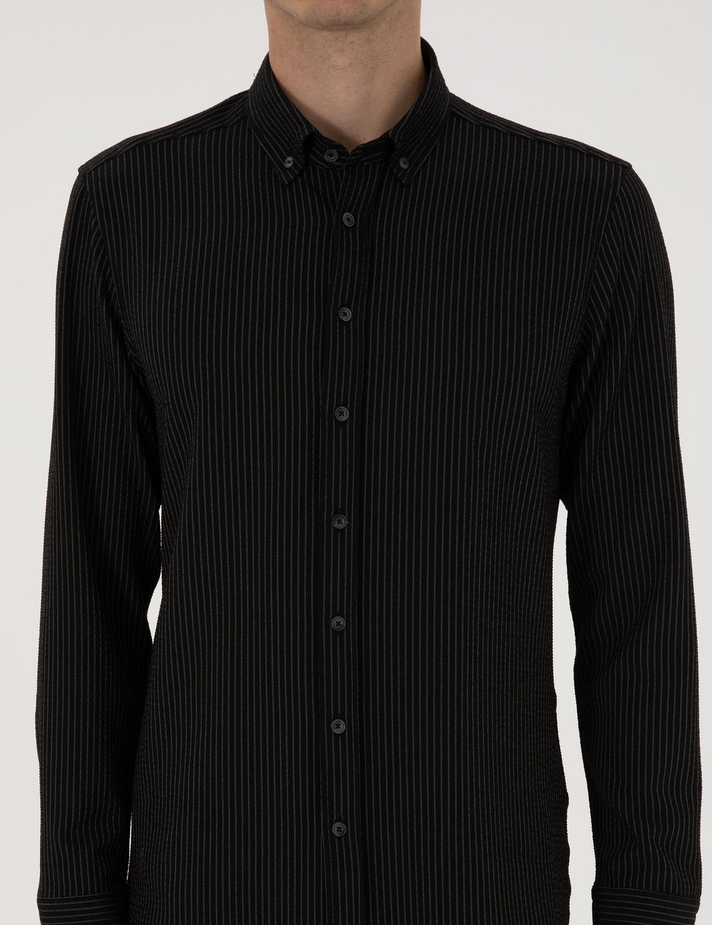 Siyah _izgi Bask_l_ Slim Fit Uzun Kollu G_mlek